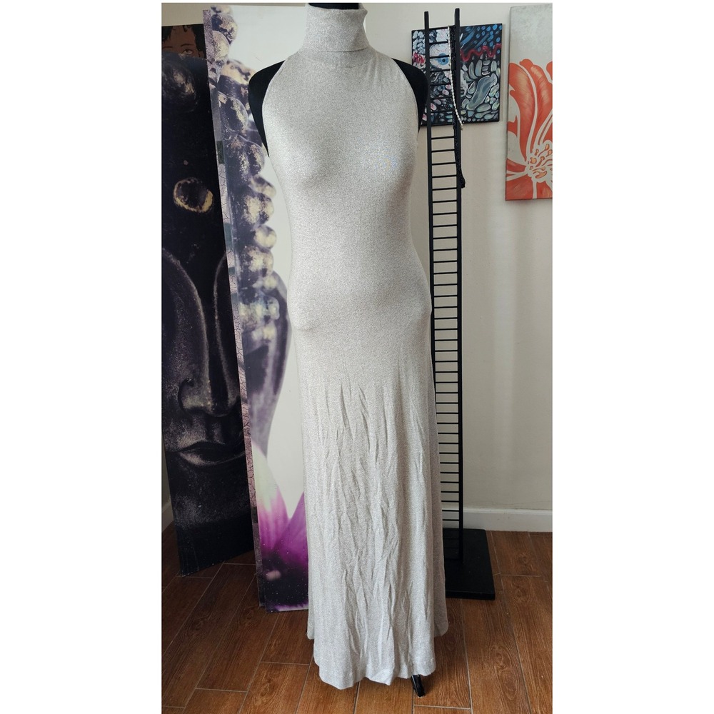 Ralph Lauren Purple Label Metallic Knit Turtleneck Maxi Dress Made in Italy L